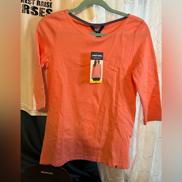 Lands' End Tops - Lands' End Vibrant Coral Top with 3/4 Sleeves and Round Boat Neck.